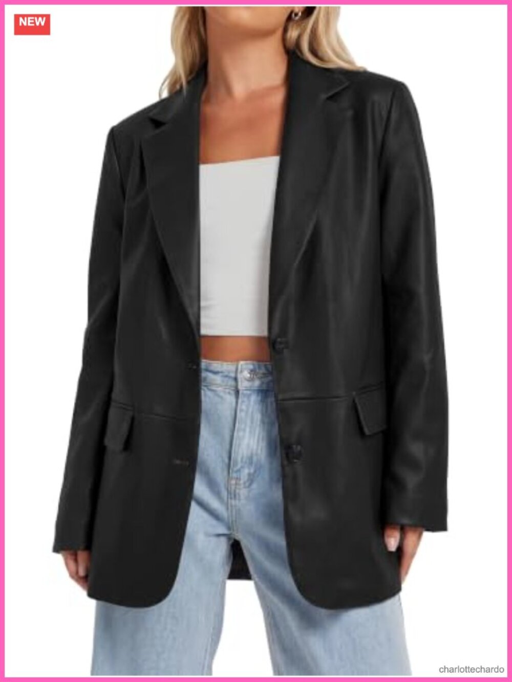 Faux Leather Blazer Jacket Loose Fit Flap Pockets Button Down Women's